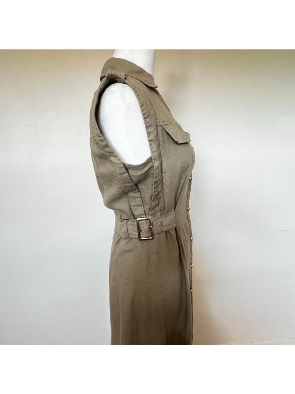 Zara Linen Shirt Dress XS Khaki Olive Euro Summer Safari Button Front Belted - Picture 8 of 16
